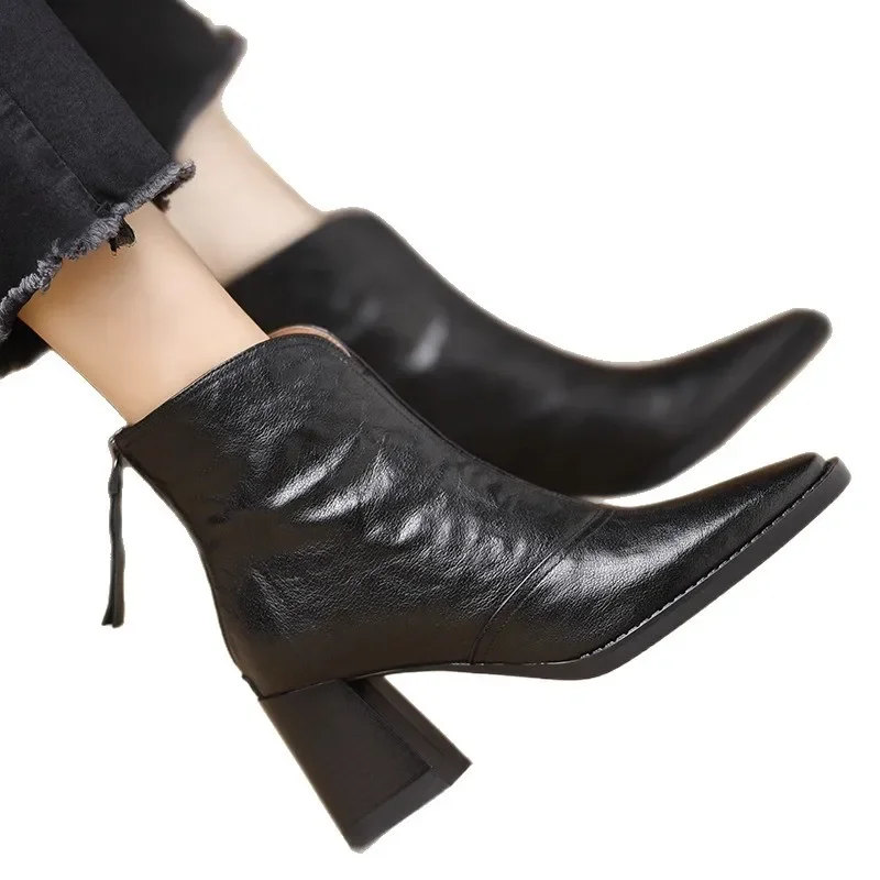 Women Ankle Boots  Square Toe PU Leather High-heeled Boots Fashion Retro Zipper Square Heel Short Boots Botas Mujer