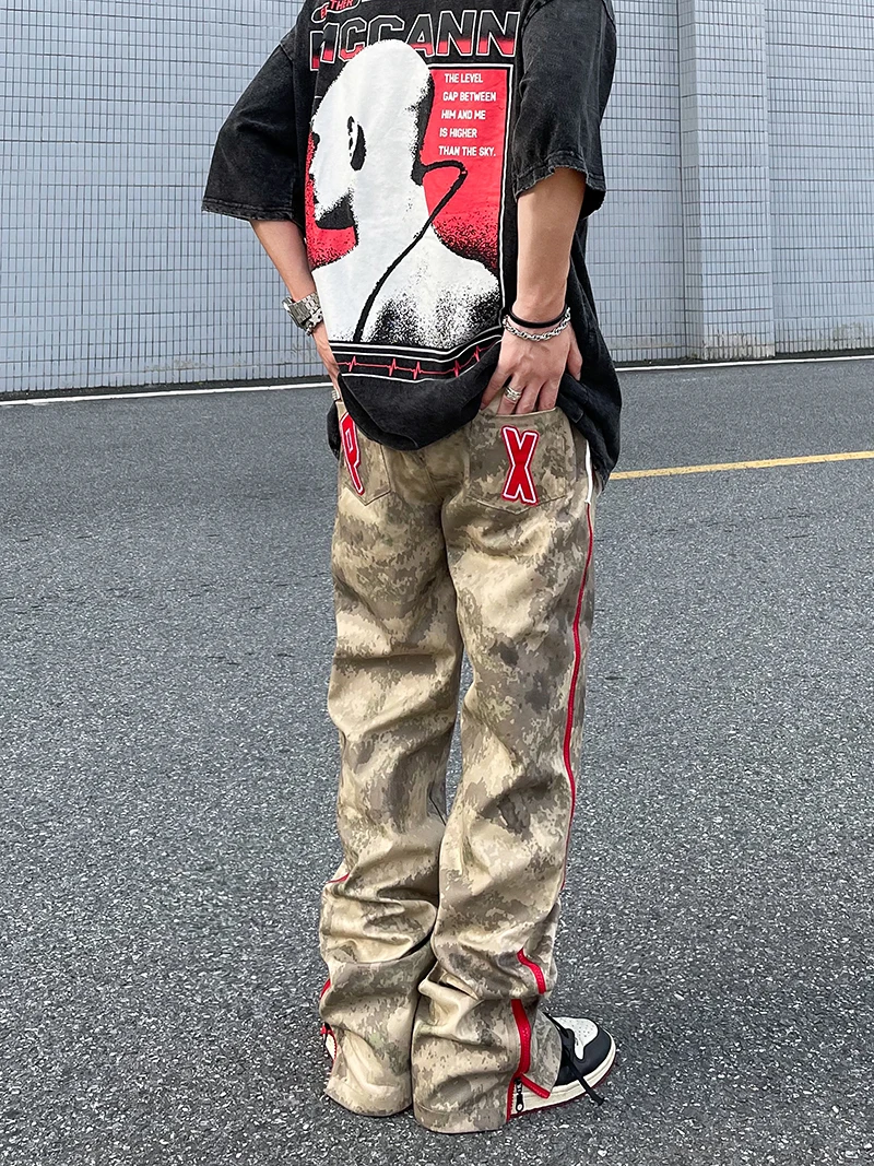American Hip Hop High Street Y2K Zipper Split Casual Camo Pants Men's Fashion Fashion Brand Loose Straight Leg Pants