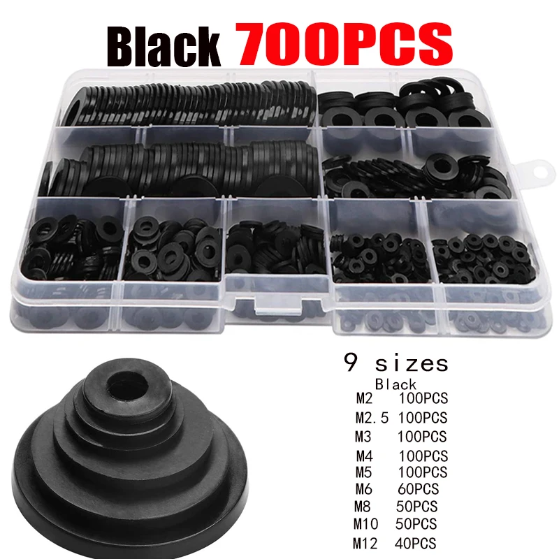 

700Pcs M2 M2.5 M3 M4 M5 M6 M8 M10 M12Black Nylon Flat Washers Nylon Gasket Round Spacer Seals Assortment Set for Mechanical