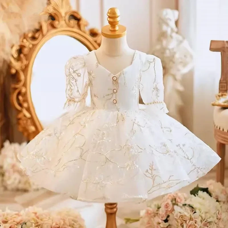 

Children's Host Catwalk Sequined Ball Gown Bow Puff Sleeve Design Wedding Birthday Party Eid Girls Perform Dress A3698