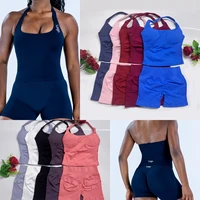 yoga outfits DFWomen 2 pcs Sports Impact Set halterneck Backless Halter Top Seamless Scrunch Bum Shorts Gym Workout Sports Suits