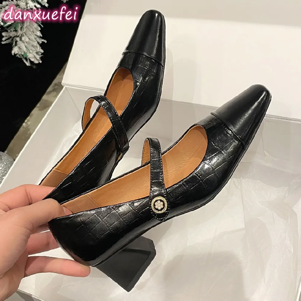 

danxuefei women's genuine leahter mix color patchwork mary jane pumps 5cm thick med heel 2023 autumn new female heeled shoes hot