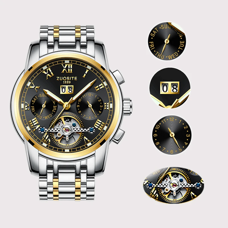 Luxury Brand Mechanical Watches Men Steel High Quality Waterproof Handwatch Man Auto Tourbillon Fashion Classic Wristwatch Male