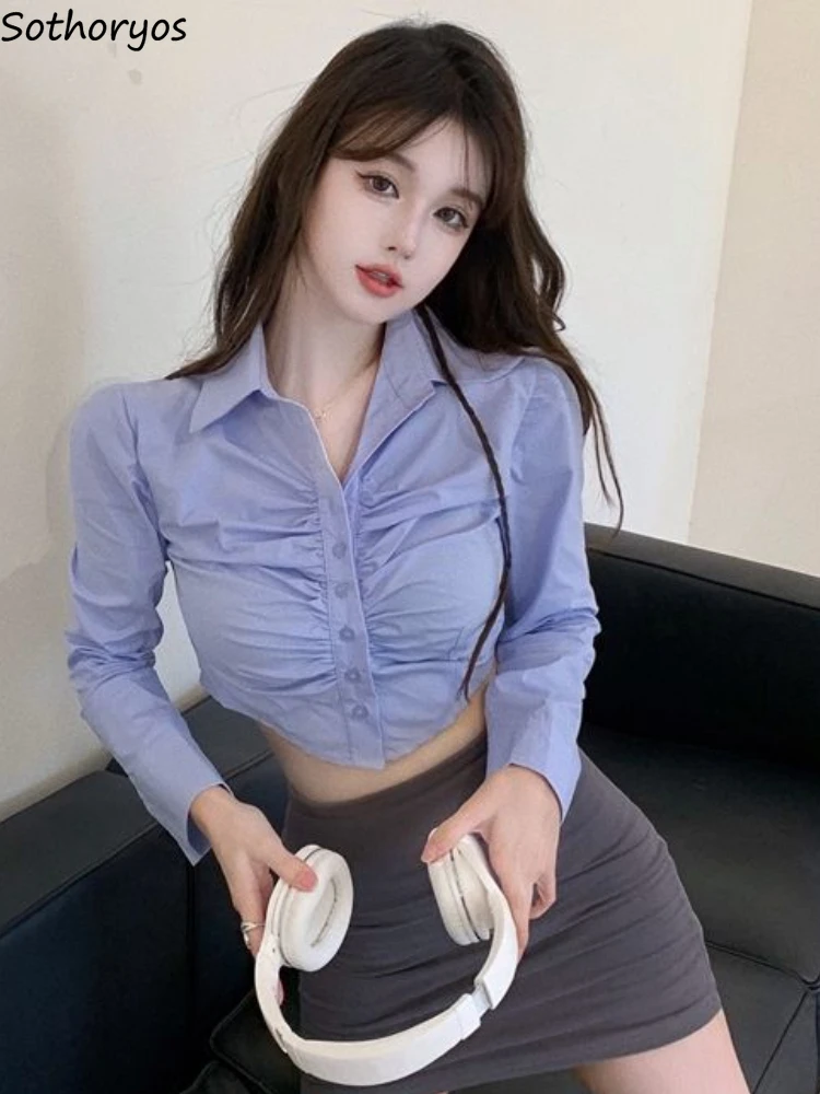 

Shirts Women Solid Folds Simple Elegant Vintage Prevalent All-match Spring Creativity Korean Style Ladies Young Basics Comfort