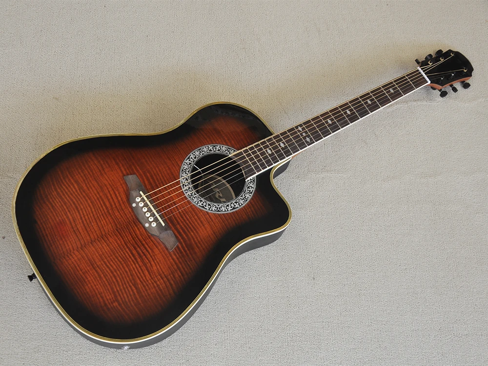 

41 дюйм, верхняя твердая коричневая акустическая гитара с пламенным кленовым шпоном, подставка из розового дерева