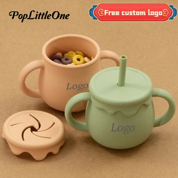 Cartoon Cute Silicone Straw Cup Children's Drinking Cup Snack Cup 2-in-1 Food Storage Box with Handle Feeding Water Cup BPA Free