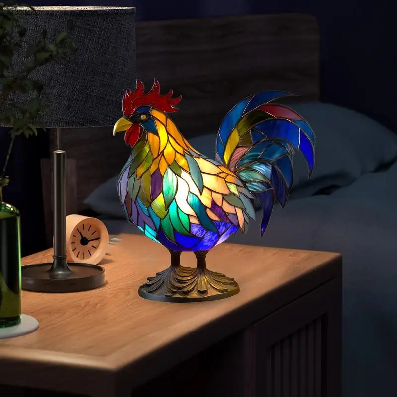 

Animal Desk Lamp Rooster Resin Night Light Colorful Statue Animal Table Lamp Series Resin Stained Rooster Glass Bedside Light