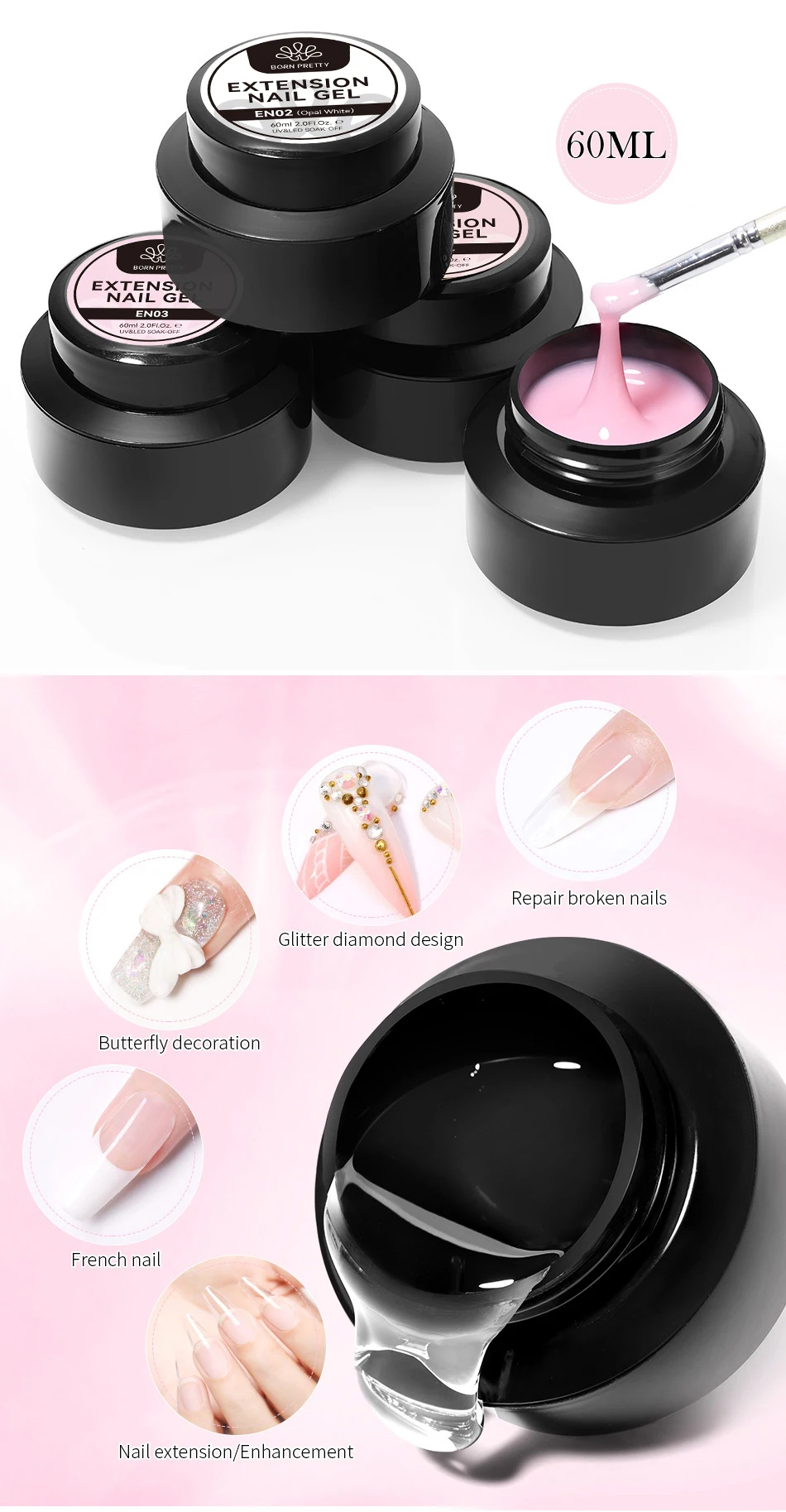 BORN PRETTY 60ml Nude Pink Nagelverlängerungs-Gel Acryl UV-Gel UV LED Soak-Off Nagelverlängerungs-Konstruktionsgel für French Nails DIY – Detail 4