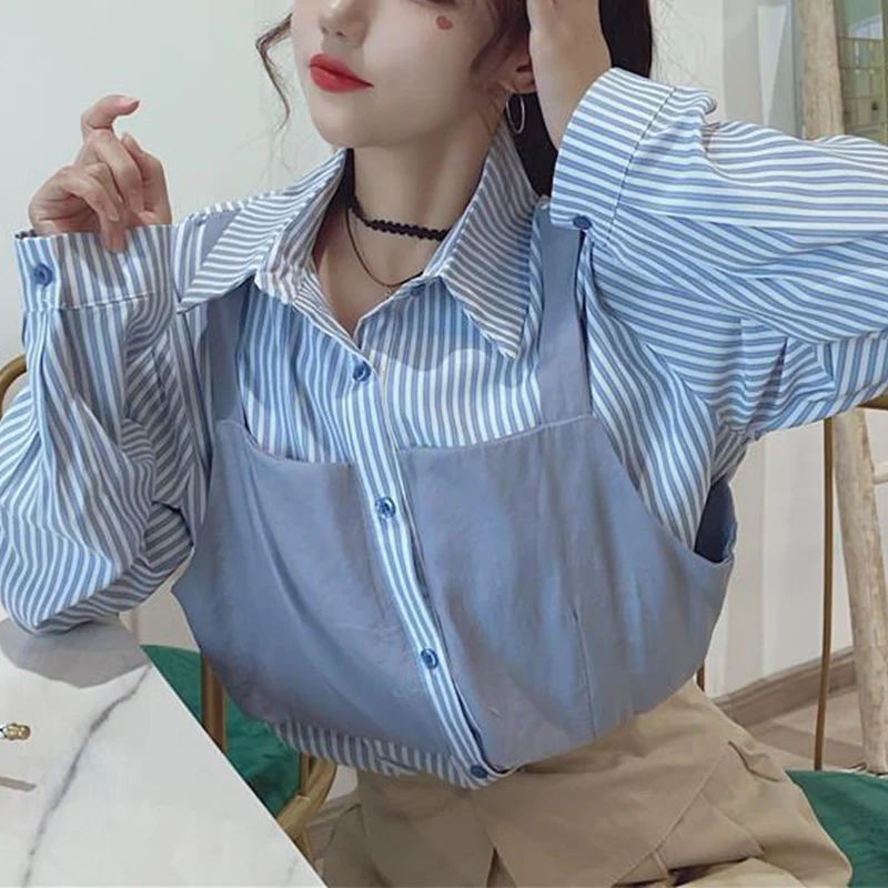 Spring Summer Striped Patchwork Shirt Ladies Long Sleeve Fake Two Piece Top Women Loose Casual Blouse Femme Polo-neck Cardigan