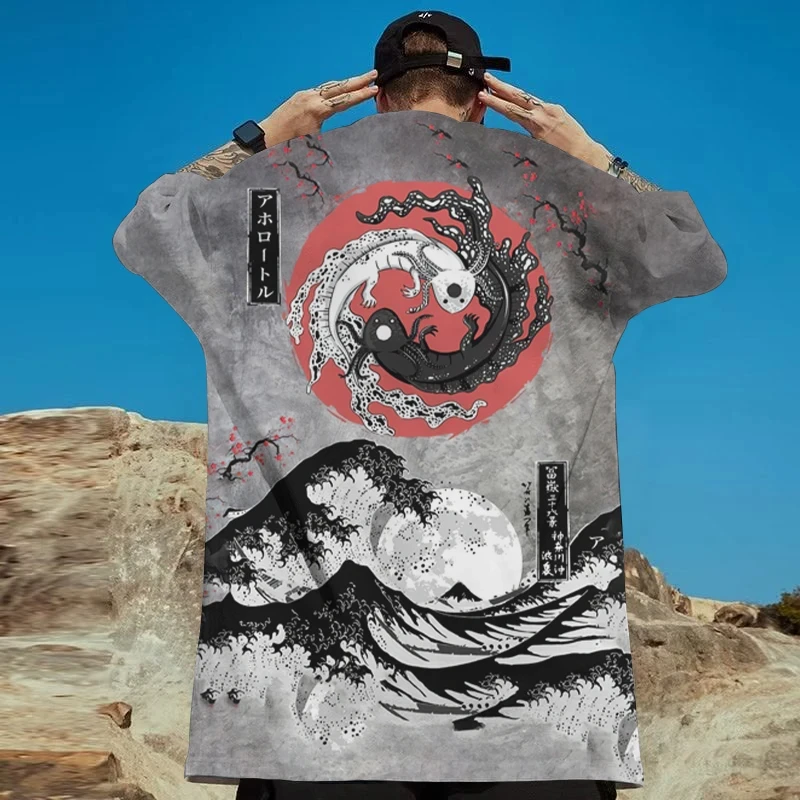 

2024 Summer New Ukiyo-e Pattern 3D Printing Oversized Fashion Loose Trendy Round Neck Short Sleeve Hip Hop Street Clothing