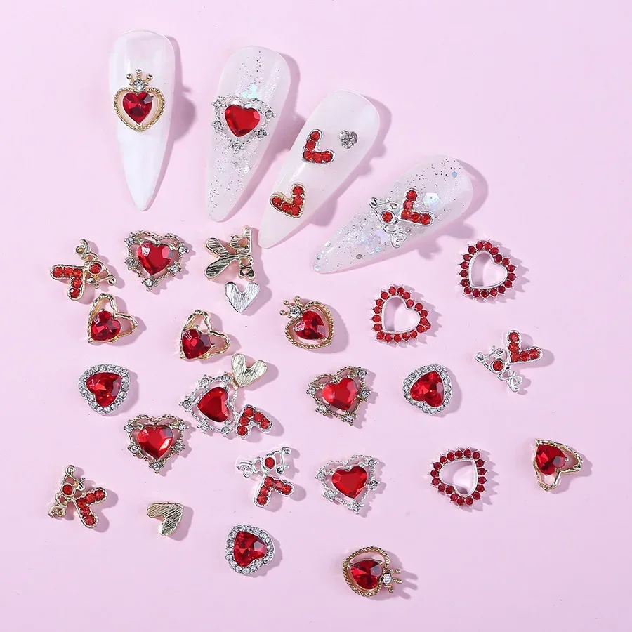 

10PCS Red Diamond Love Rhinestones Nail Art Decoration Hollow Love Herat Designer Charms For Nails DIY Nail Art Luxury Accessory