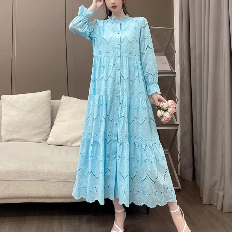 

Long Sleeve Embroidered Hollow Out Single-breasted Casual Long Cotton Dress