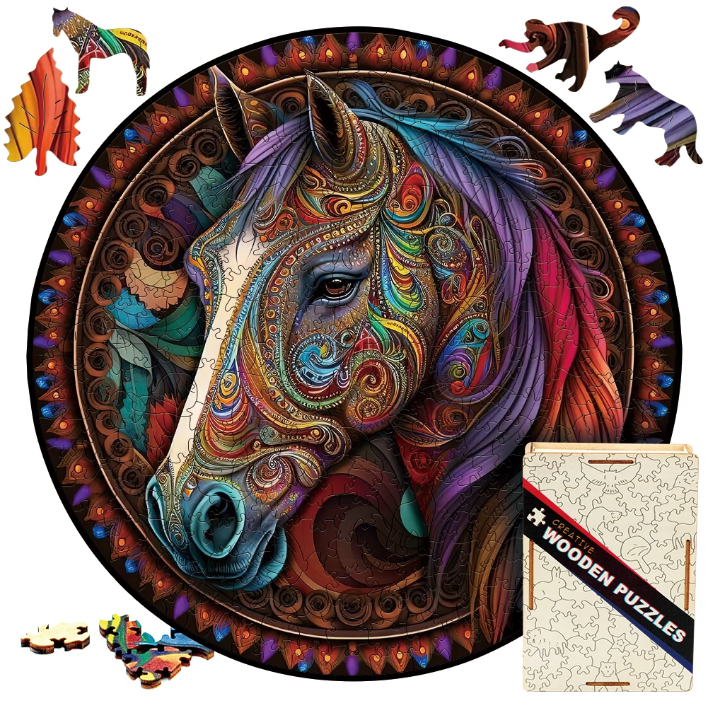 Wooden Puzzle Mandala Horse 3D Wood Jigsaw Puzzle Retro Toys Wooden Animal Puzzles Board Game For Adults Kids With Wood Gift Box of travel girls toys set with girls toys board educational toys for kids and adults children s puzzle toy girls toys lattice