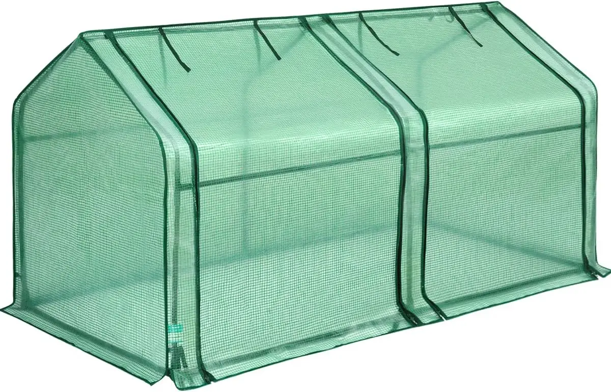 Mini invernadero portátil con base elevada, ventana enrollable con cierre, impermeable