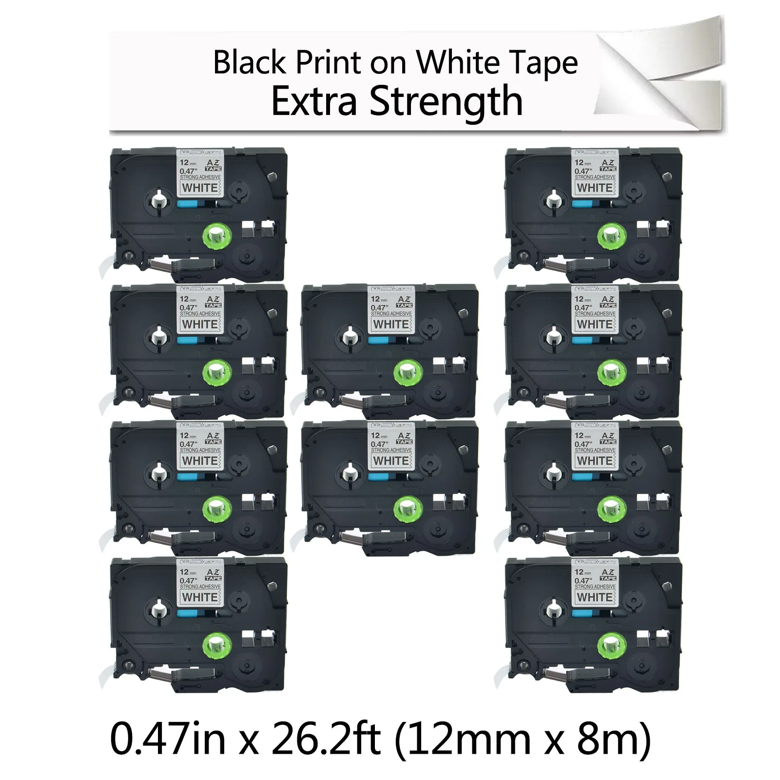 Greencycle 10 Pacote Preto na Fita Adesiva Forte Branca da Etiqueta 12 mm 8m Compatível para o Irmão Tze-s231 tz Tze S231