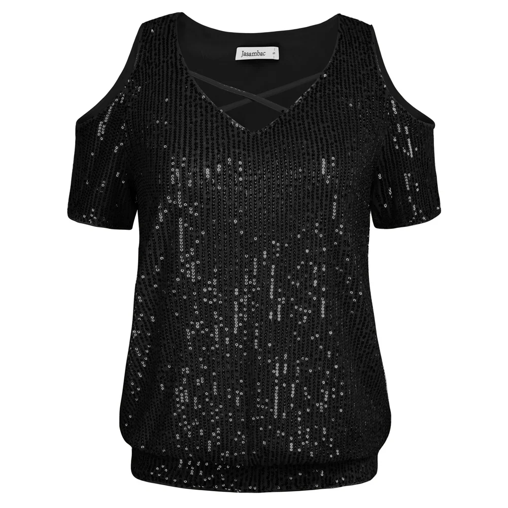 black glitter cold shoulder top