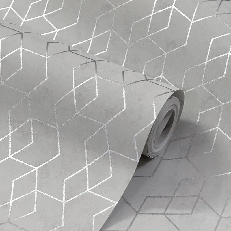 Grey Silver Small Geometric Paper Wallpaper Roll For TV Wall.