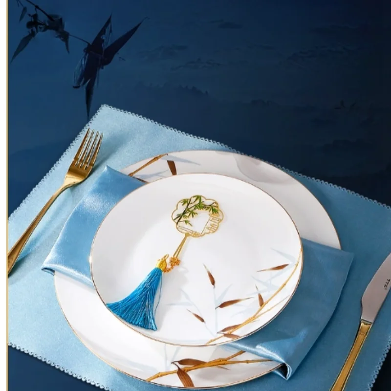Chinese Bamboo Plate Set,Bone China Plate Set with Floral Pattern,Perfect for Home & Hotel Use