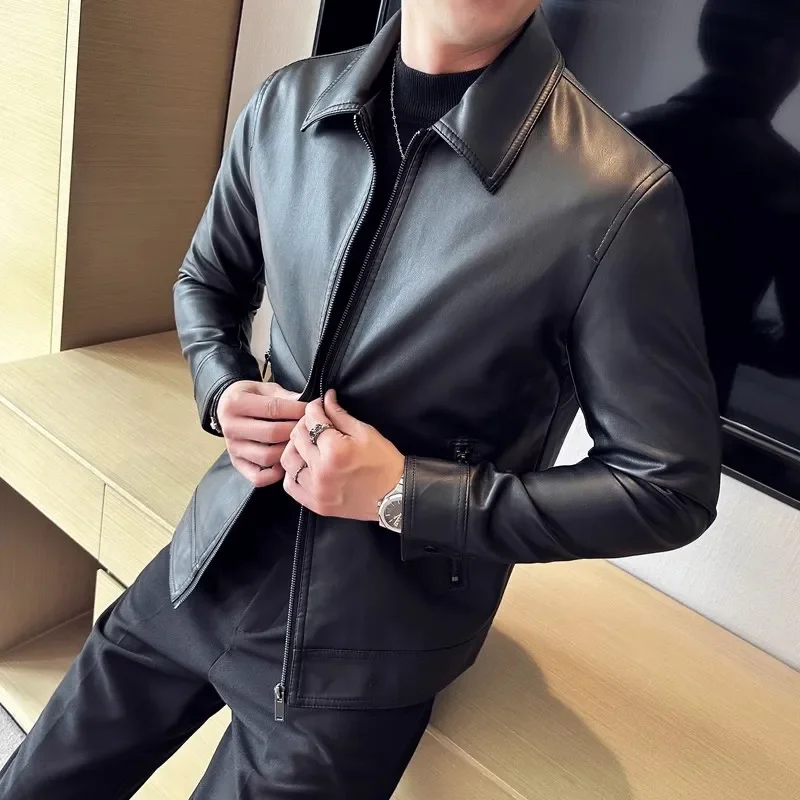 Spring and Autumn New Men's Sheepskin Jacket Business Casual Thin Section Jacket High-End Lapels Show Body Tops
