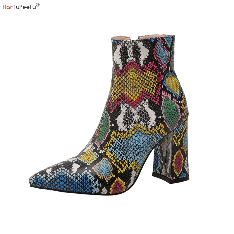 

Retro Ankle Boots Women Leather Chunky High Heels 2023 New Spring Winter Colourful Snakeskin Pointed Toe Pumps Plus Size 43