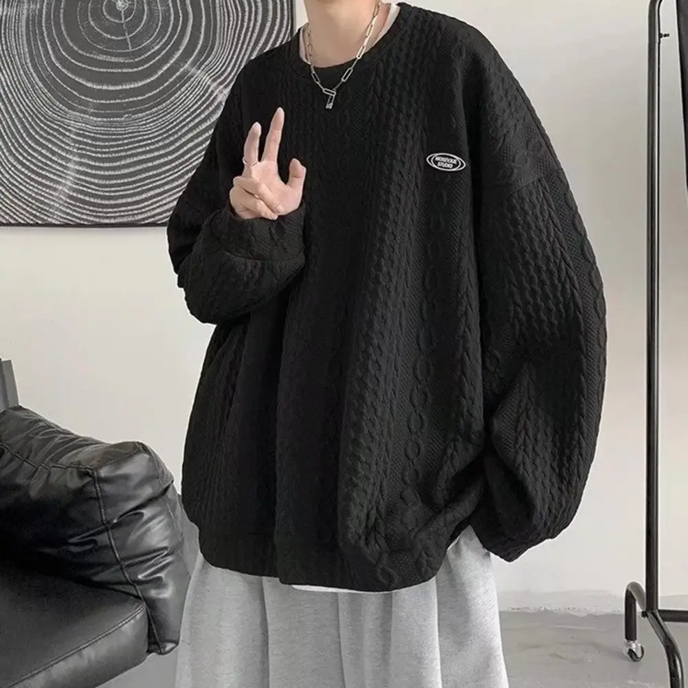 

Men Fall Winter Sweatshirt Round Neck Oversized Solid Color 3D Twisted Texture Thick Long Sleeve Warm Soft Mid Length Pullover S