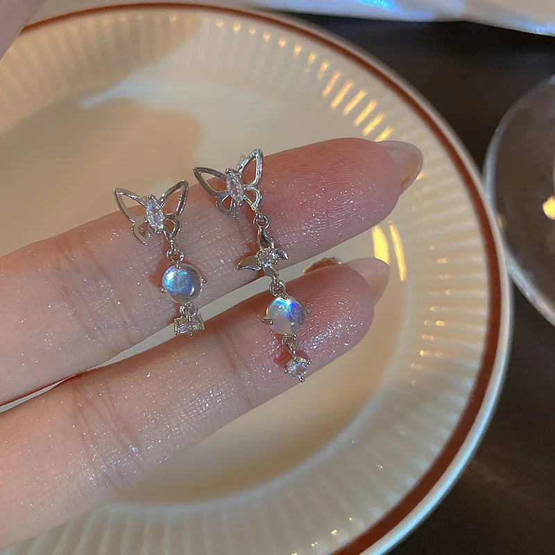 Korean Elegant Cute Rhinestone Butterfly Stud Earrings For Women