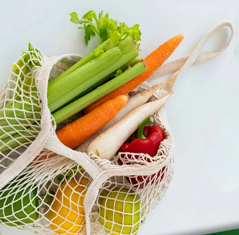 Wiederverwendbare Einkaufstaschen aus Baumwollnetz, Waschbare Tragbare Gemüsetasche, 100% Baumwollnetz Einkaufstasche mit Griffen – Detail 1