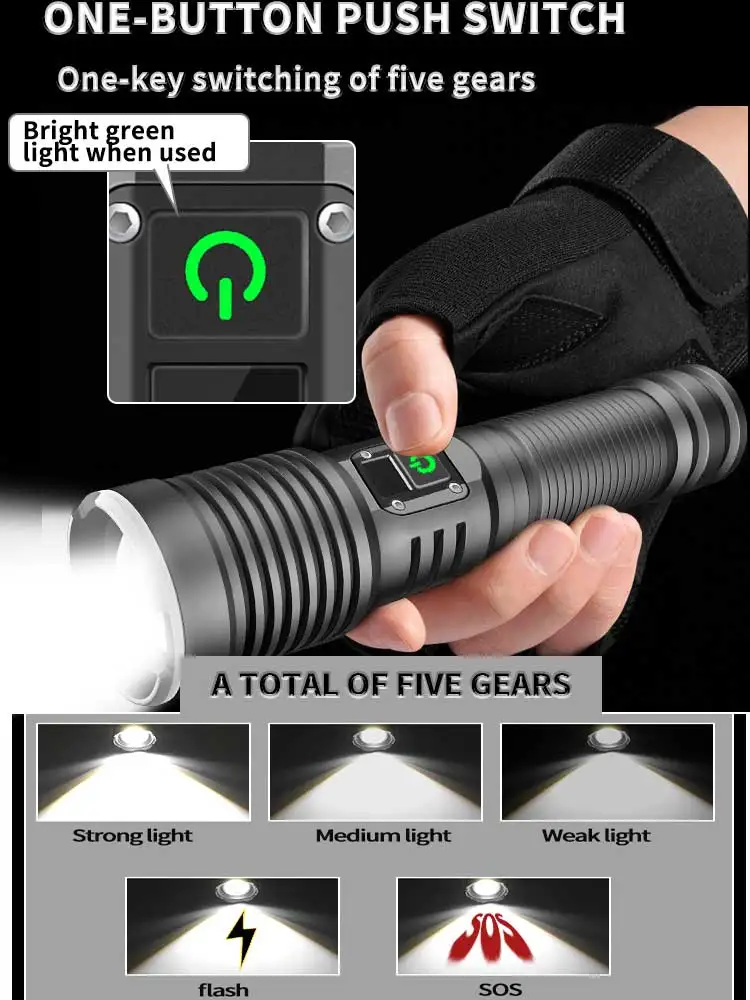 Powerful XHP70 LED Flashlight With Digitail Display Screen Torch USB Rechargeable Camping Fishing Lantern Waterproof Zoom Lights