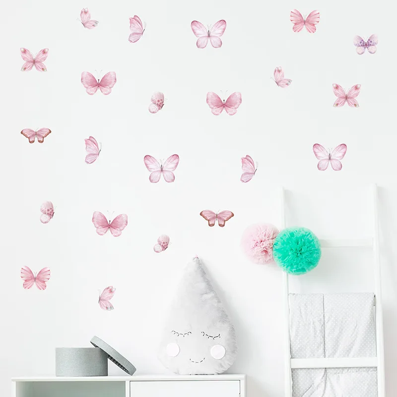 Pink Butterfly Self-Adhesive Wall Stickers - Aesthetic Girl's Room Decor, 22.5x30cm 3pcs Set for Bedroom & Kindergarten