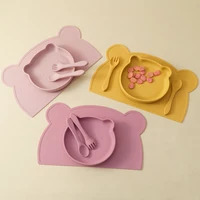 BPA Free 4PCS Silicone Children Tableware Baby Feeding Set Silicone Dinner Plate Spoon Fork Silicone Placemat Baby Stuff 2