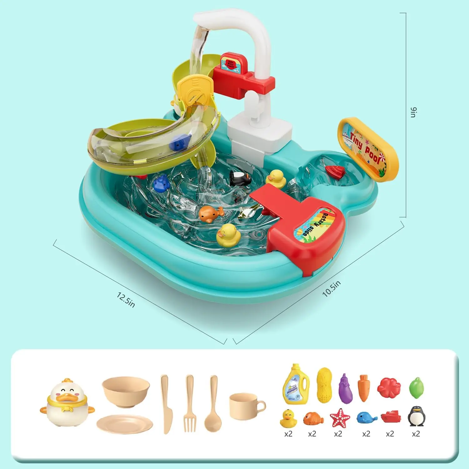 Play Sink with Running Water,3in1 Toddler Kitchen Toys,Water Table,Fishing Set,Track,Pretend Play Kitchen Cleaning Set Water Toy