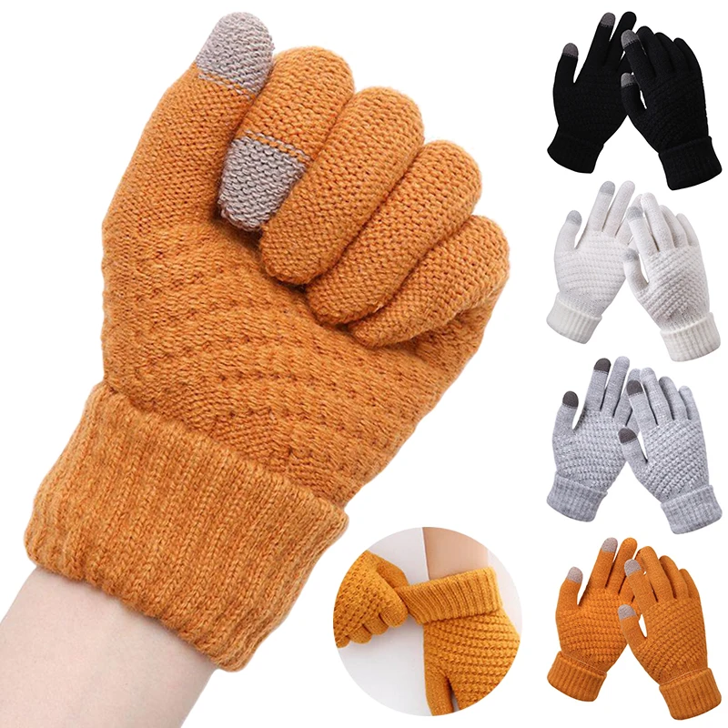 1 pair Solid Color Knitted Gloves for Women Men Fashion High Quality Unisex Winter Warm Thicken Touch Screen Mittens Male Female