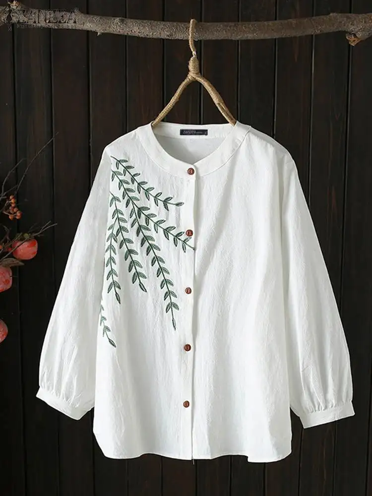 

ZANZEA Women Button Shirt Oversized Solid Baggy Embroidery Blouse Fashion O-neck Summer Tops 2024 Casual Long Sleeve Tunic Femme