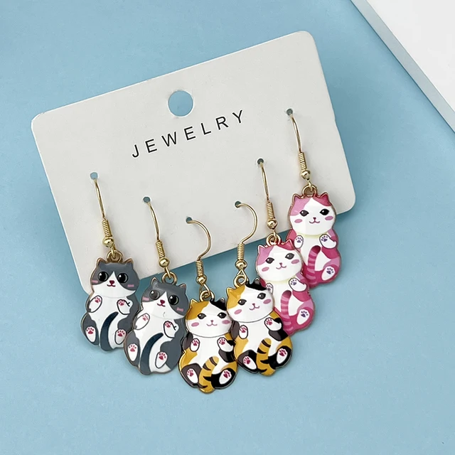 3Pairs/Set New Fun and Cute Enamel Alloy Cat Dangle Earrings Cartoon Style Colored Cat Ear Jewelry Set Gift For Women Girls 3