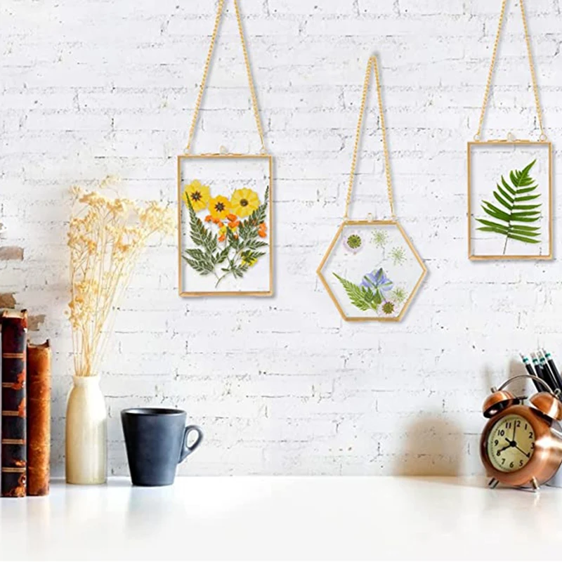 2 Stück Glas-Bilderrahmen Mit Kette – 13x18 Cm, Golden, Für Fotos & Gepresste Blumen