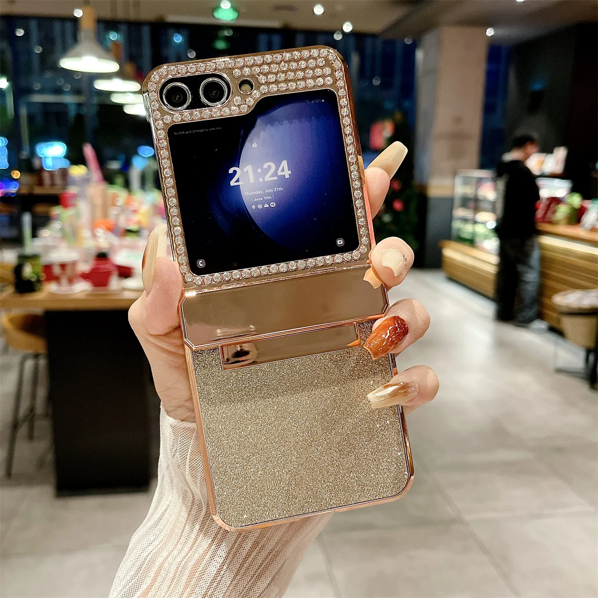 Coque de téléphone Samsung Galaxy Z Flip 5 4 3 5G, garniture en cuir Pu scintillante avec strass, charnière plaquée, couverture arrière en plastique_voghion.com