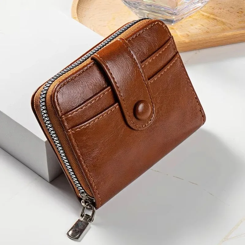 Men's Multi-Card Wallet Vintage PU Wax Oil Leather Short Wallets Zipper Coin Purse Male Card Holders Luxury Purses Gifts