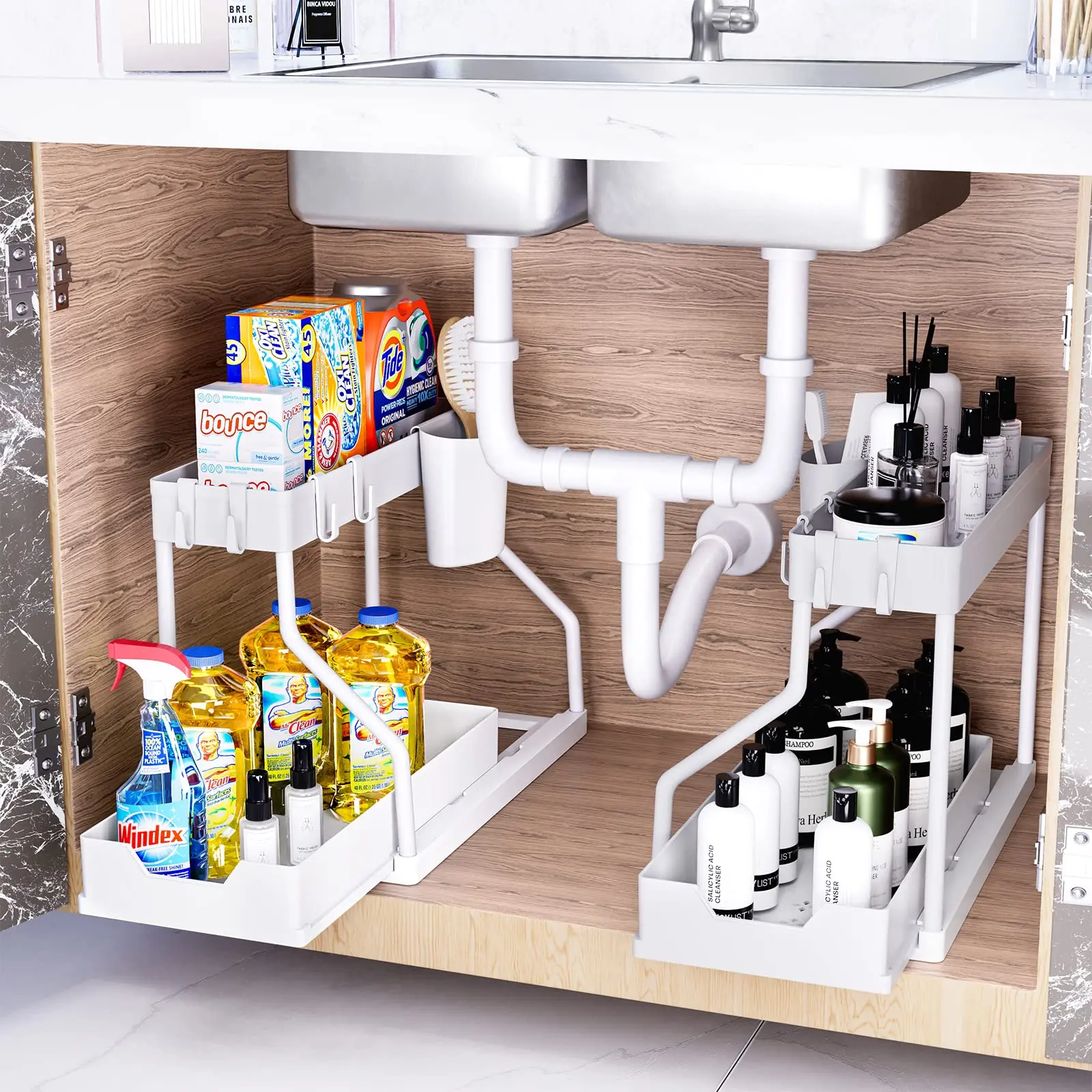 Sink Organizer Kitchen Cabinet Organizer 2-Tier Under Sink Organizer L-Shape Sliding Under Sink Organizers and Storage, Counter Pull Out Storage Rack