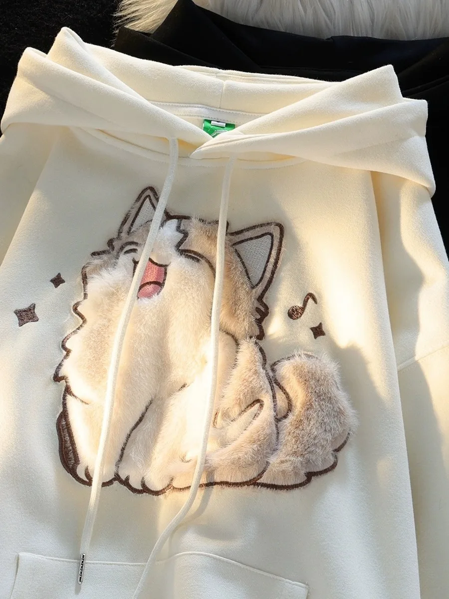 CGC Autumn Winter Plus Velvet Loose Women Hoodies Kawaii Cartoon Print Couple Sweatshirts Casual Long Sleeve Pullovers Outerwear