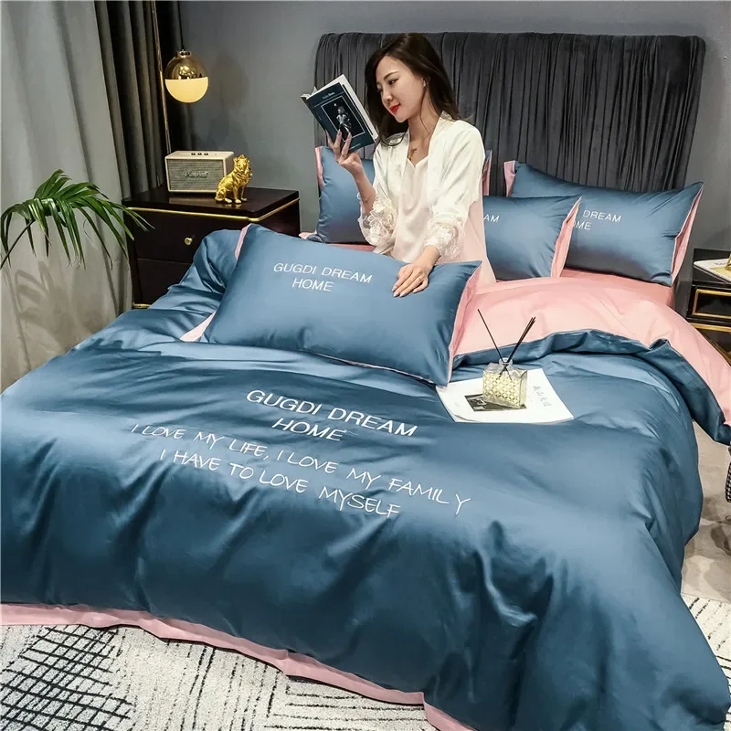 

60 thread four piece set of spring and summer pure cotton bed sheet quilt cover wedding bedding four piece set of Cotton Satin