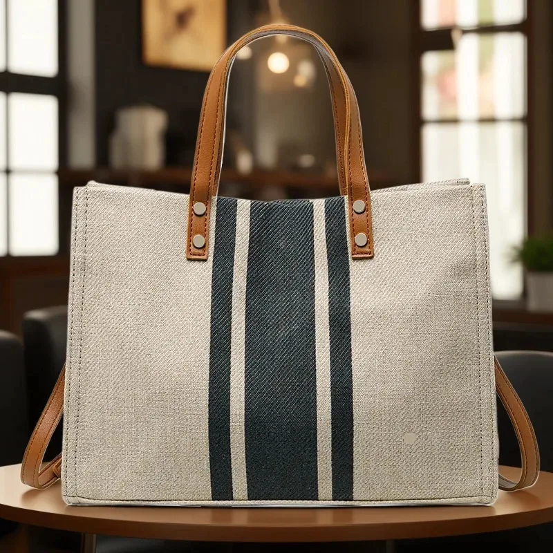 Women's simple large capacity casual shoulder crossbody bag canvas striped decorative bucket shaped handbag top handle handbag