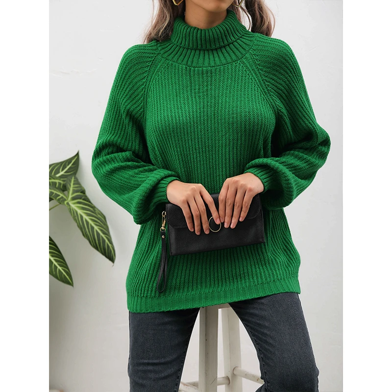 

High necked sweater for women in autumn and winter loose fitting pullover, raglan sleeves, long sleeved woolen sweater