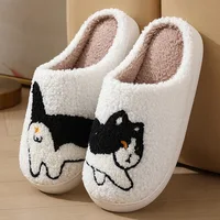 2024 Winter Women Black Cat Slippers Men Cartoon Home Black Dog Floor Sandals Couples Indoor Slippers Adults Warm Non-slip Shoes 1