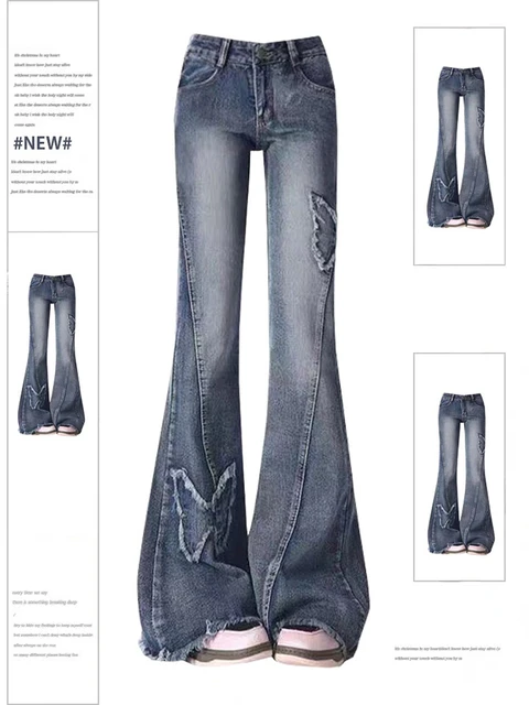 Women's Blue Flare Jeans Baggy Vintage 90s Aesthetic Low