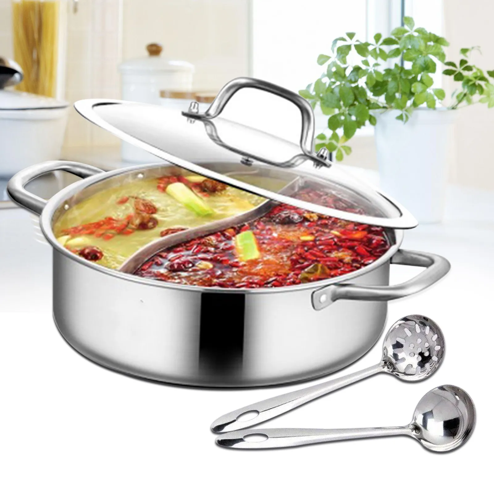 Hot Pot Shabu-Topf mit doppelseitigem Trennwand, Edelstahl-Suppentopf, Suppenkochgeschirr mit Löffel, Küchen-Kochwerkzeug – Detail 1