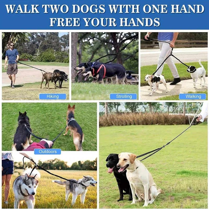 Pet Dog Double Leashes No Tangle Dog Leash Coupler Comfortable Shock Absorbing Reflective Bungee Lead for Nighttime Safety