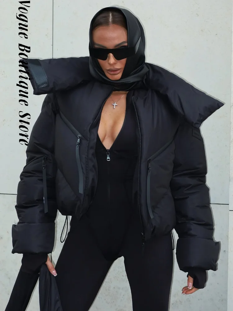 Veste courte en coton pour femme, Chic, col montant, ample, contraste, chaud, manches longues, fermeture éclair, mode automne hiver 2025