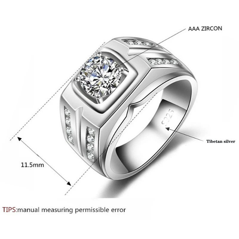 Tibetan Silver Male Finger Ring silver rings silver ring wedding rings Size 6-13 Natural 2.0ct Zirconia Wedding Band Gift Jewelry