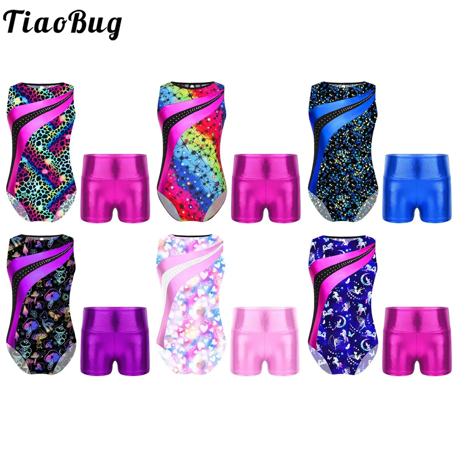 TiaoBug 2Pcs Kids Girls Gymnastic Sport Bodysuit with High Waist Dance Shorts Set Sleeveless Print for Yoga Training Skating