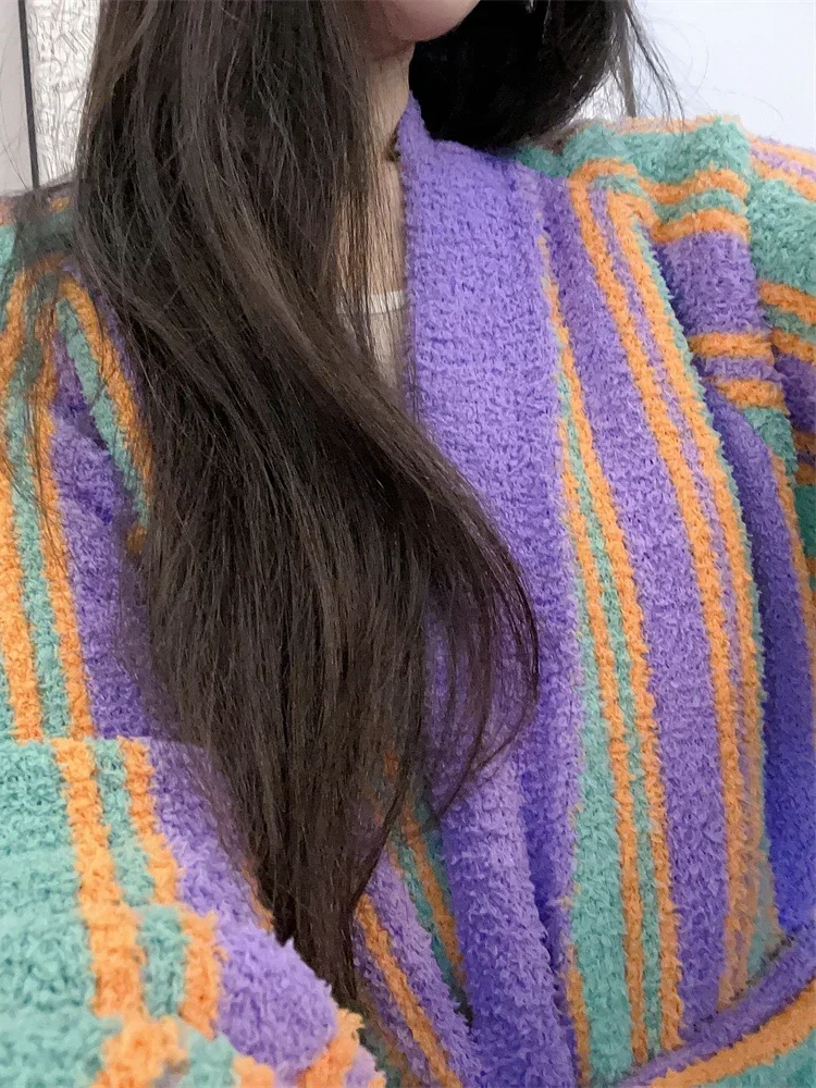 Coral Fleece Contrast Color Striped Robes Lace Up Long Sleeved Cute Nightgown Loose Bathrobe Soft Home Clothing Purple
